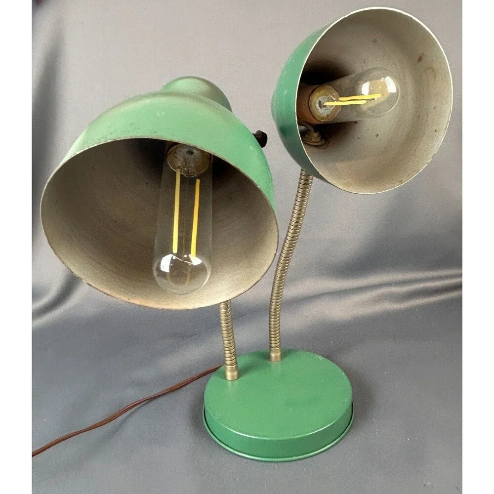 MCM Double Gooseneck Leviton Green Metal Desk Working Table Light Lamp